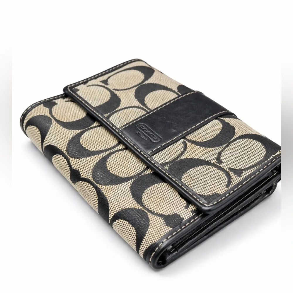 Coach Signature C Trifold Wallet | Black & Khaki Canvas